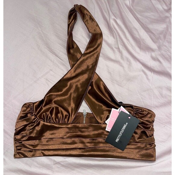 prettylittlething Chocolate Satin Cross Front Ruched Waist Halterneck Crop Top - Picture 2 of 11